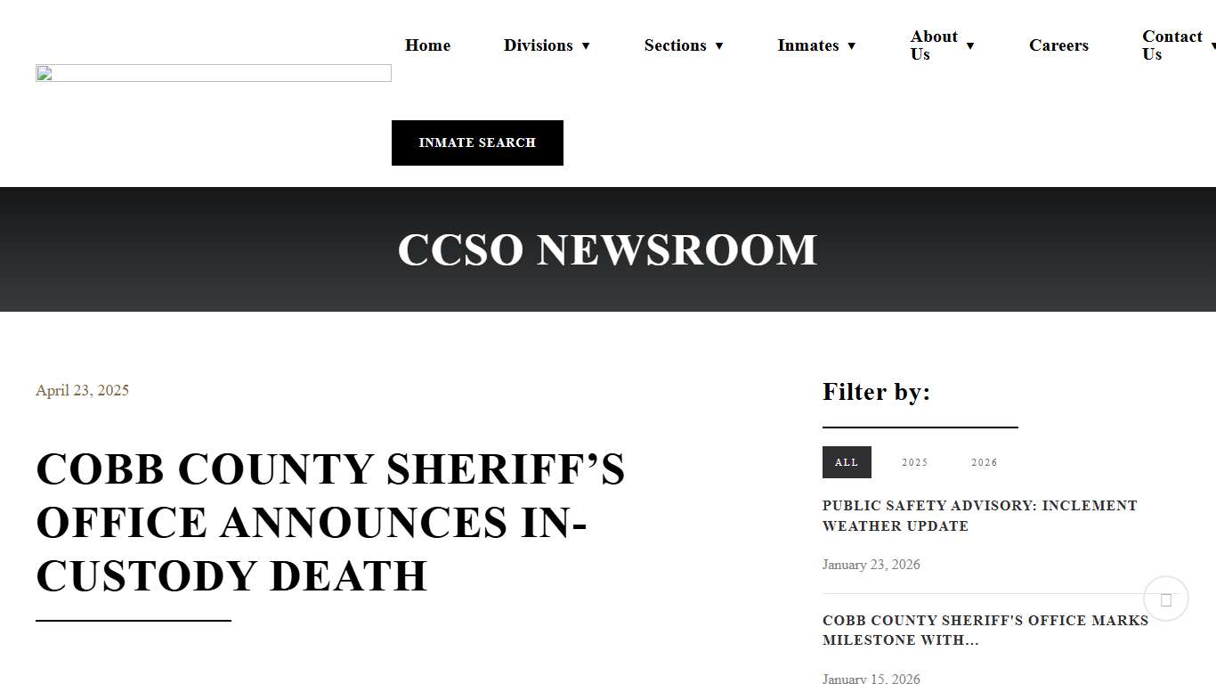 Cobb County Sheriff's Office - COBB COUNTY SHERIFF’S OFFICE ANNOUNCES IN-CUSTODY DEATH